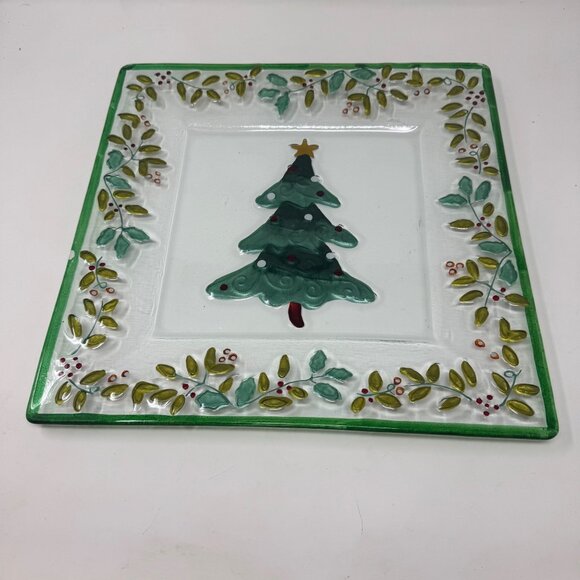 Pfaltzgraff Winterberry Christmas Glass Platter With Tree Design & Green Border - Picture 2 of 3